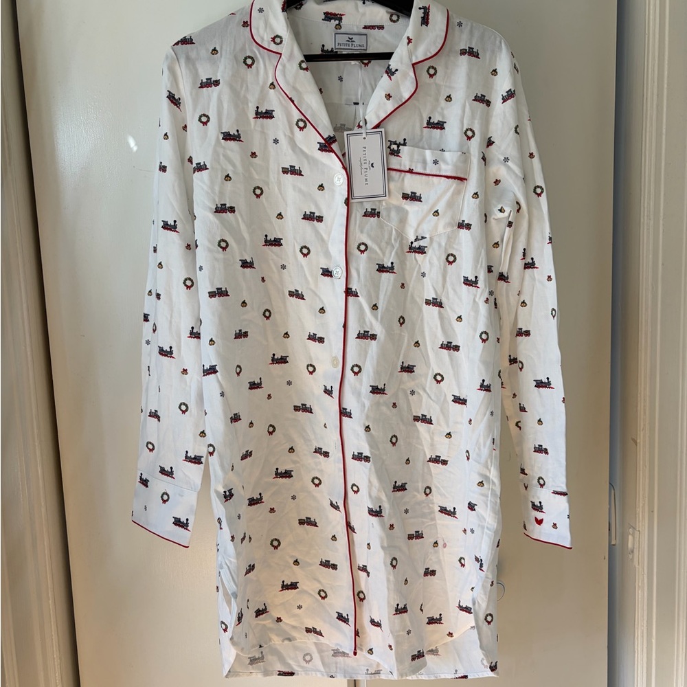 Women's White Pajama Shirt with Red Trim